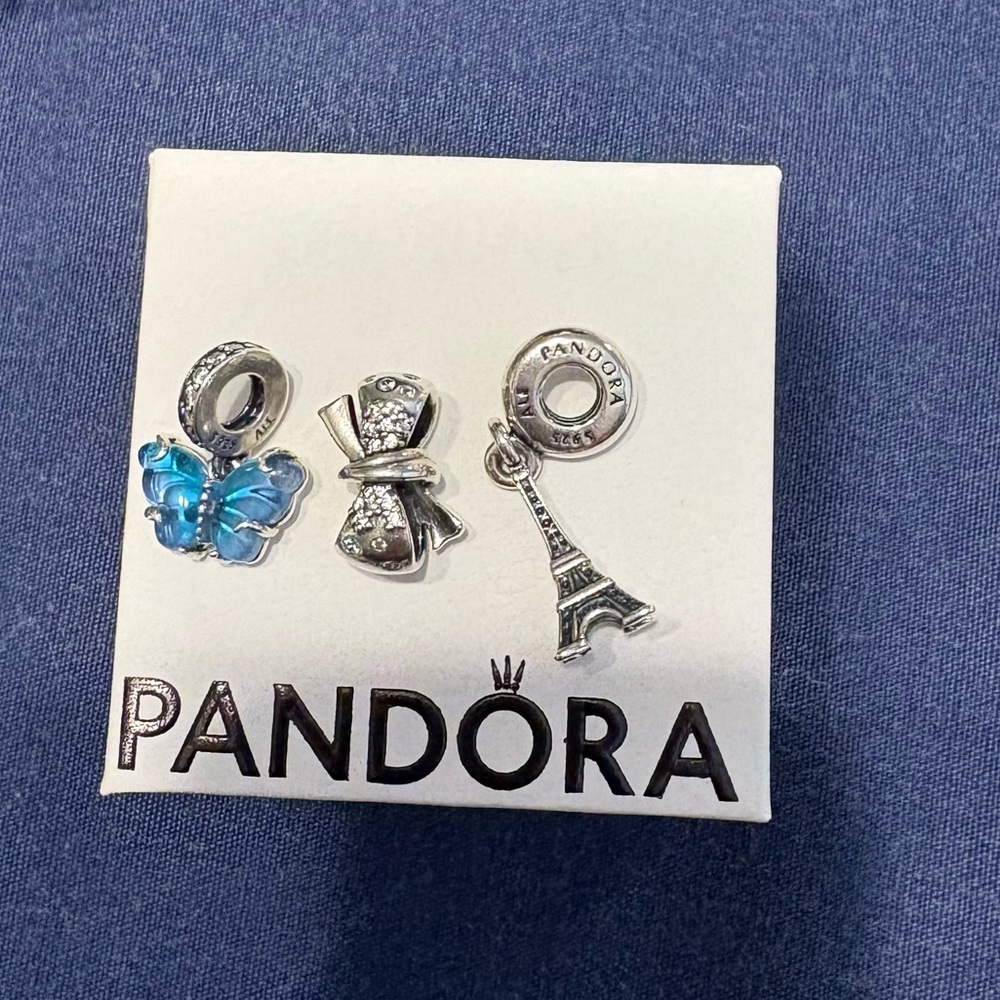 Pandora Silver Charm Set with Bow, Blue Butterfly and Eiffel Tower